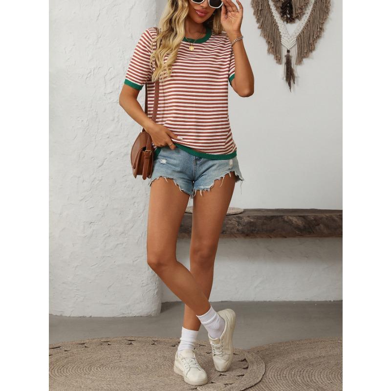 Dámský letní nový kulatý výstřih pruhovaný kolizní barvy krátký rukáv ležérní svetr