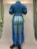 2025 Plus Size Women's Blue Denim Patchwork Mesh Cardigan Dress Skirt - European & American Style, Long & Stylish for Commuting