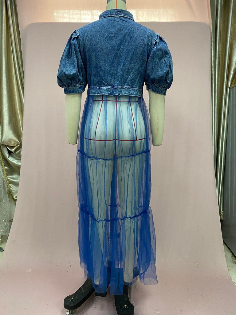 2025 Plus Size Women's Blue Denim Patchwork Mesh Cardigan Dress Skirt - European & American Style, Long & Stylish for Commuting