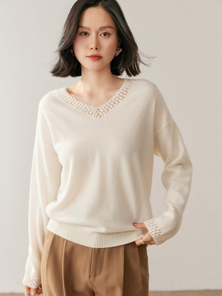 Women's V-Neck Cashmere Knit Pullover Sweater - Hand-Crocheted Loose Fit for Autumn/Winter