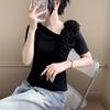 Summer New Women's Cotton T-shirts Short Sleeve Tops Trendy Elegant 3D Flower Designer Tees