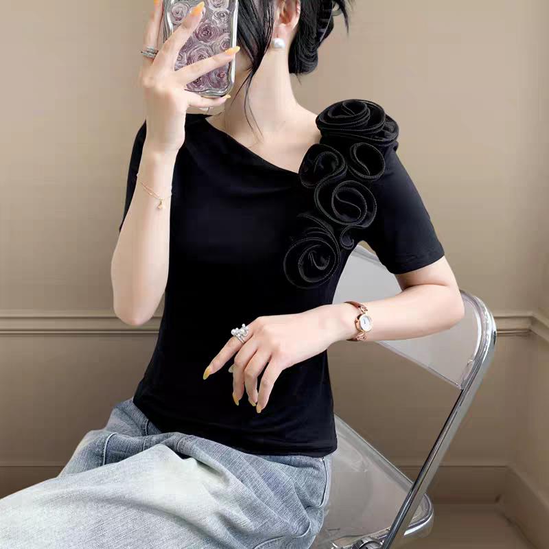 Summer New Women's Cotton T-shirts Short Sleeve Tops Trendy Elegant 3D Flower Designer Tees