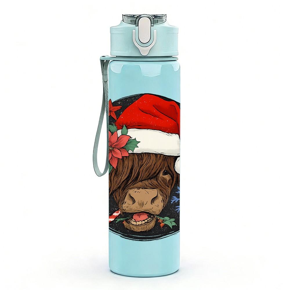 1PC Highland Cow Christmas Wreath 750ml Color Plastic Sports Water Bottle Leakproof Flip Straw Lid Suitable for Sports Office Home Use