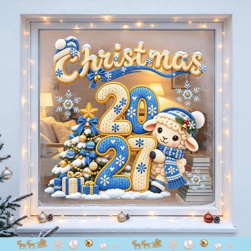 2027 Knit Sheep Window Sticker Happy New Year Stickers Cute Lamb Christmas Window Decor Home Decoration Shop Glass Xmas Ornament