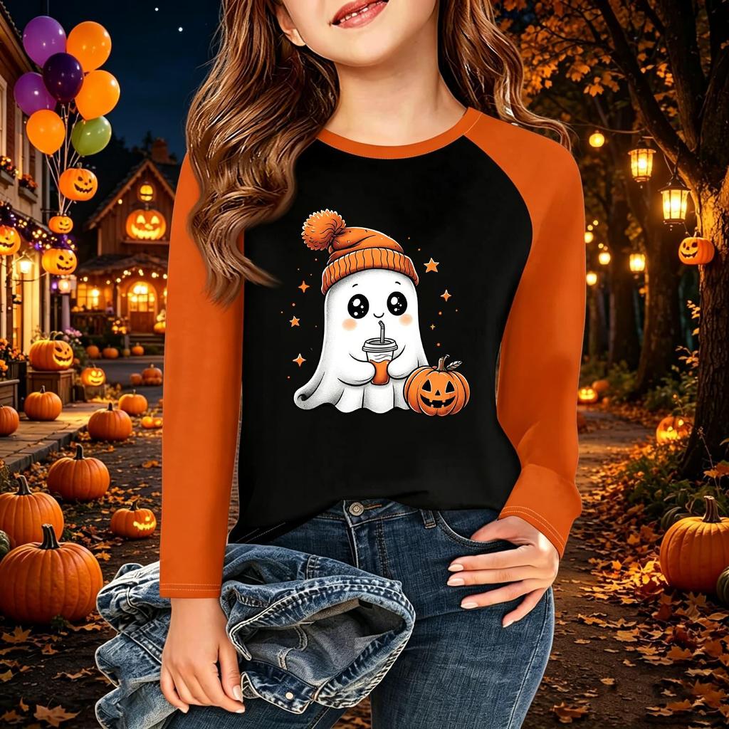 Camiseta Infantil com Estampa de Halloween Manga Longa Casual Gola Redonda para Festa e Uso Diário