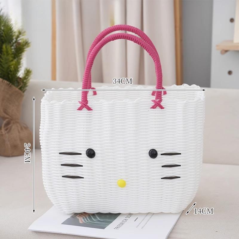 Cute Cat PVC Woven Bag Large Capacity Organizer Bath Shopping Basket Portable Baskets with Handles Beach Bag Vegetable Basket
