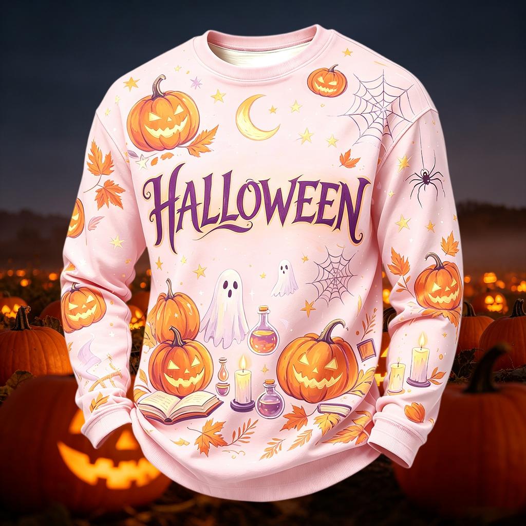 Herren lässiges Strick-Langarm-Rundhals-T-Shirt mit Halloween-Print