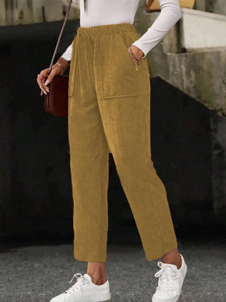 New Fall Women's Clothing Solid Elastic Waist Corduroy Pants Women Straight Leg Casual