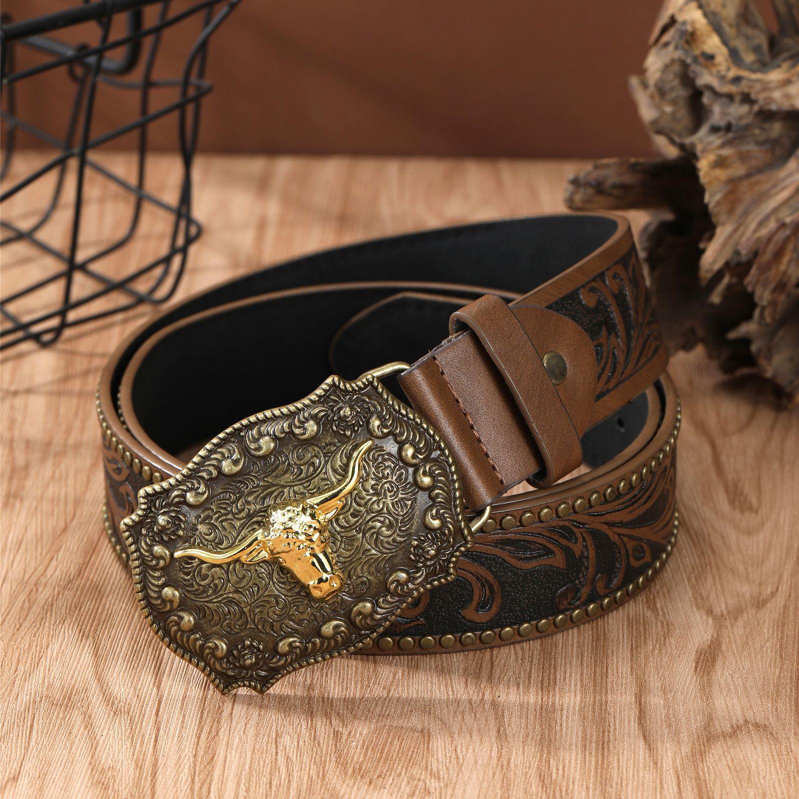 

Винтажный ремень из денима в стиле вестерн с большой пряжкой из пластины и головой коровы, с гравировкой в этническом стиле для мужчин в стиле панк из искусственной кожи 125cm