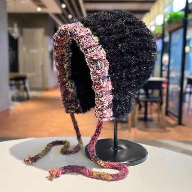 Handmade Big Head Circumference Plush Knitted Hat Showing Face Small Hat Female Korean Version Wool Hat Thermal Ear Protection Hat 