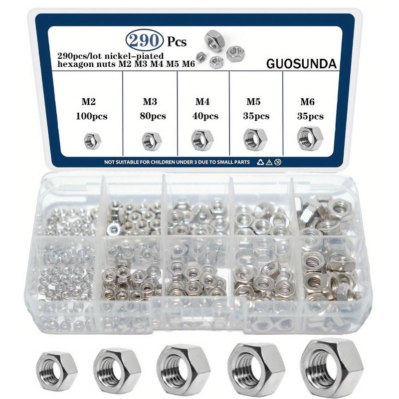 

Никелированный набор шестигранных гаек Стопорная гайка с защитой от проскальзывания Колпачок гайки 290 шт. в коробке Шестигранная гайка M3M4M5M6 290Pcs