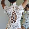 Women Exotic Sexy Underwear Turtleneck Transparent Lace Bodysuit Bow Sleeveless Cross Bandage Elegnat Erotic Lingerie Sex Dress