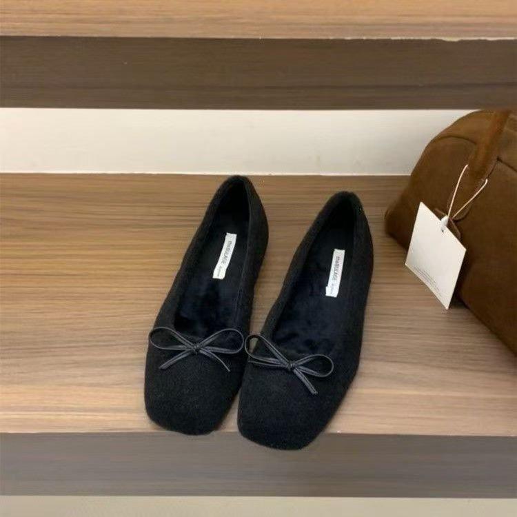 Flat bottom square head bow Doudou single shoes New spring French suede gentle evening shoes