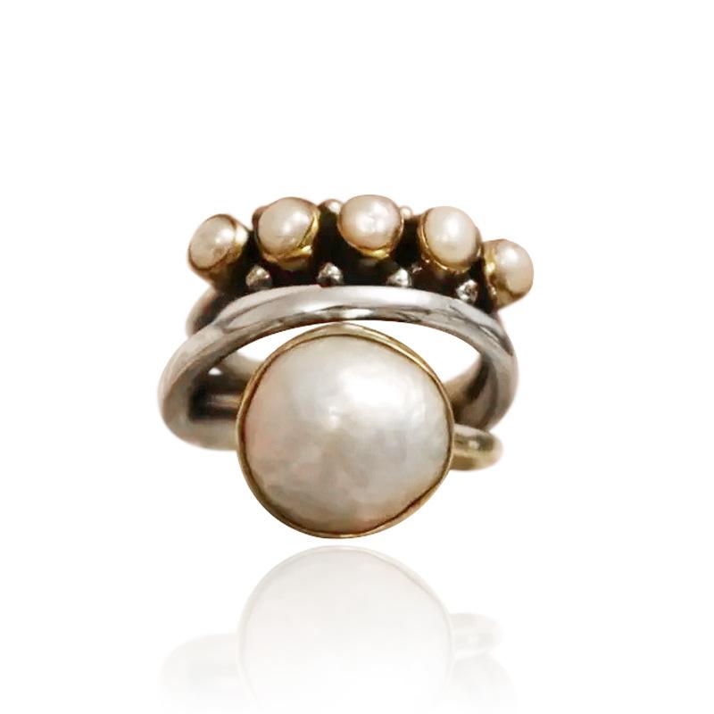 Stylish Vintage Thai Silver Ring Round Ring, Triple Crossed Imitation Pearl Ring