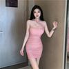 Sommer Damen One-Shoulder Raffung Bodycon Minikleid Ärmellos Partykleid