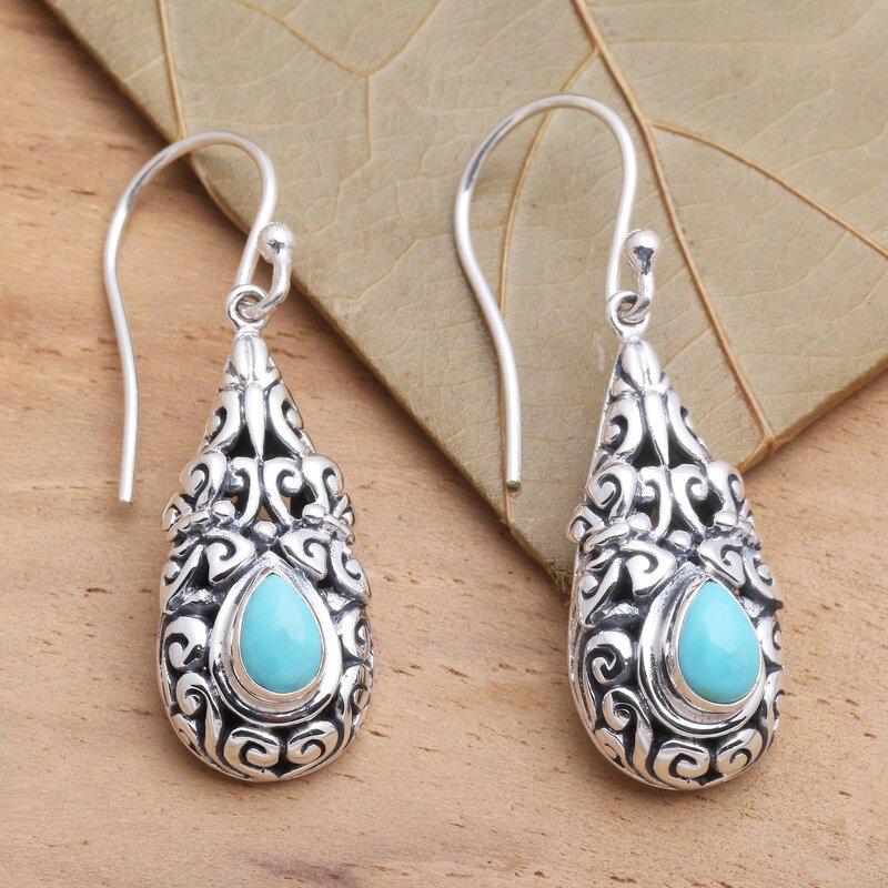 Silver Plated Turquoise Teardrop Filigree Drop Earrings, Vintage Boho Ethnic Style Dangling Earrings for Women