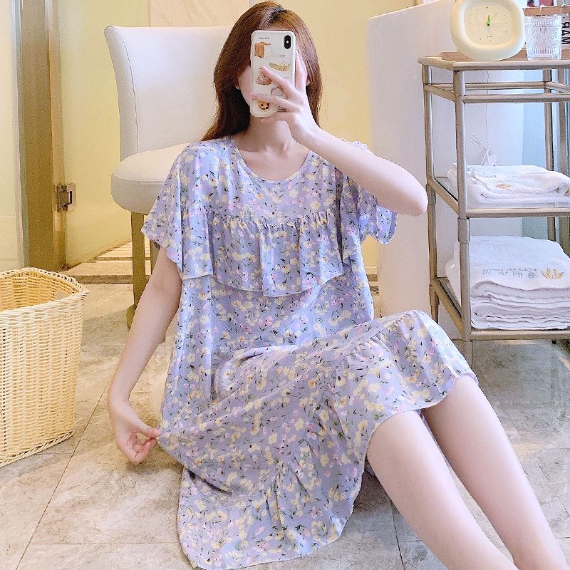 Sleeping Dress for Women In Summer Thin Cotton Silk Short Sleeved Without Chest Pad Home Clothing Knee Length for Outdoor Wear Dress