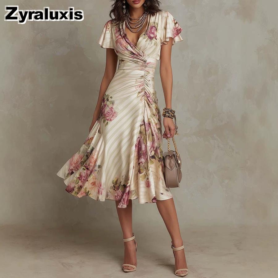 Summer New Fashion Casual Printed Ruffled Floral Women s Dress XS