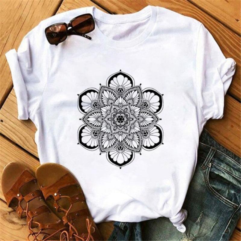 New Mandala Printed T-shirt for Women's Casual Fashion T-shirt Loose Short Sleeve Girl Aesthetic Black T-shirt Top