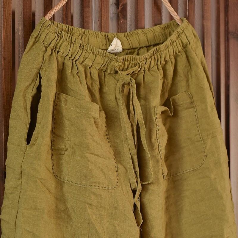 Johnature Damskie Spodnie Vintage z Elastycznym Pasem Casualowy Pasek Wiosenne Spodnie Jednolity Kolor Patchwork Kieszenie Długie Spodnie
