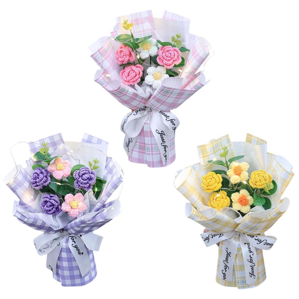 Crochet Flowers Bouquet Decorative with Light Delicate Knitted Bouquet for Anniversary Festival Women Friends Mom