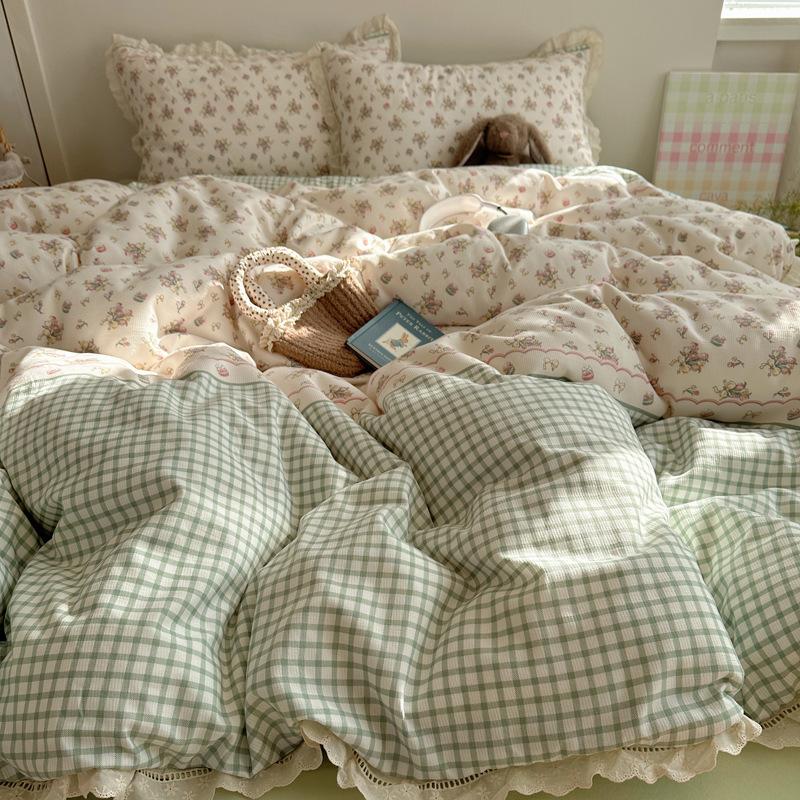 Bedding Set Four-piece Set Princess Wind Seersucker Washed Skin-friendly Breathable Comfortable Bed Sheet Quilt Cover Pillowcase