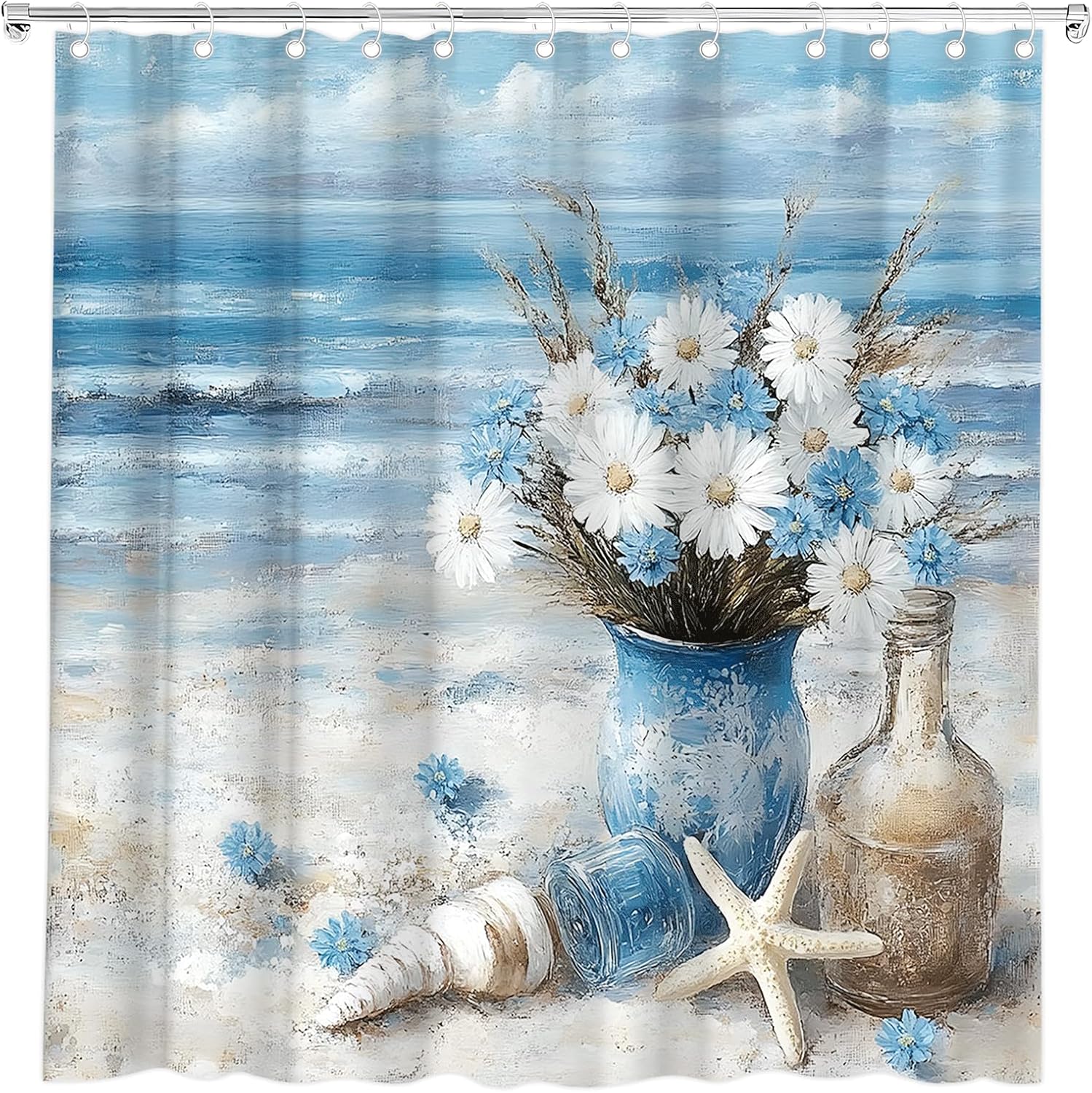 Beach Shower Curtain Oil Painting Style Blue Ocean Starfish Seashell Nautical Coastal Seascape Seaside Floral Daisy in Vase Sea 90x180CM
