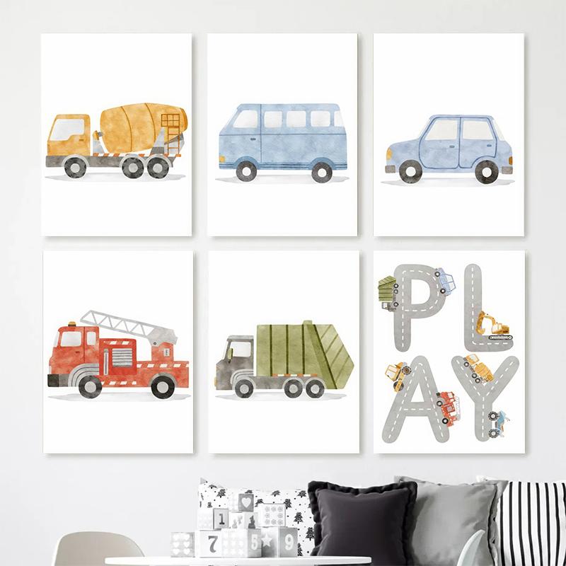 Alphabet Taxi Fire Truck Bus Wall Art Posters Prints Picture Nordic Kids Room Cartoon Cars Canvas Painting Nursery Bedroom Decor