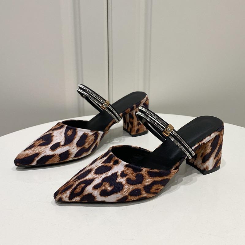 2024 Fashion Shoes Female Closed Toe Women's Slippers Autumn Pointed Toe Leopard Print Slingbacks Shallow Chunky Heels Shoes