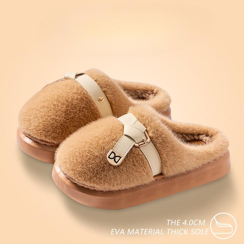 Fashion Winter Women Fluffy Slippers Fashion Belt Thick Sole Outdoor Snow Boots Platform Home Cotton Shoes Plush Warm Indoor Slippers