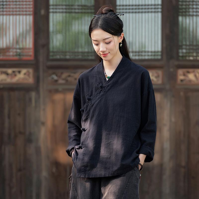 

Autumn Cotton Linen Women s Retro Top with Frog Buttons, Asymmetrical Collar, Long Sleeves - Zen Meditation Tea Shirt One Size чорний