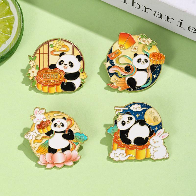 Chinese Style Mid-Autumn Festival Enamel Alloy Panda Brooch Cute Chang'e Moon Cake Moon Badge for Bags Clothing Decoration
