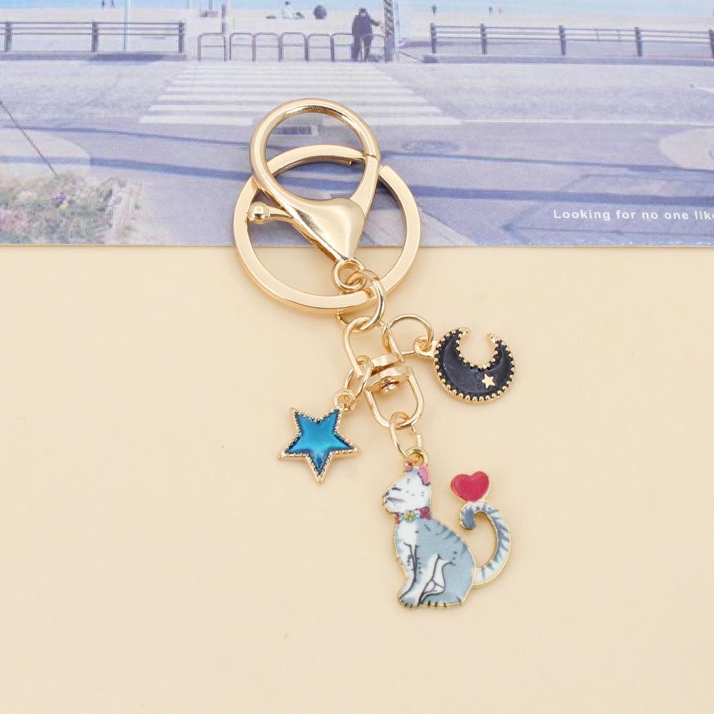 Derpy Moon Cat Keychain Pendant with Star Charm - Cute Kitten Bag Accessory