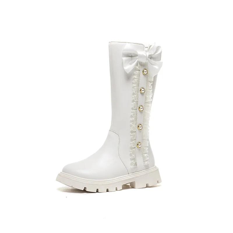 2024 Children High Boots for Girls Autumn New Chic Beading Sweet Bowtie Anti-slippery Elegant Lace Anti-slippery Leather Shoes