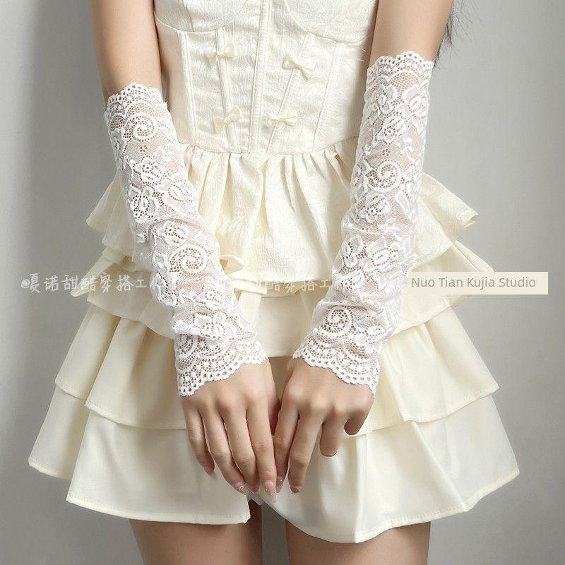 

Summer Sweet Desire Style Gyaru Lace Gloves Sun Protection Oversleeve Cosplay Wear Summer Sexy Fake Sleeve Arm Sleeve White All yards