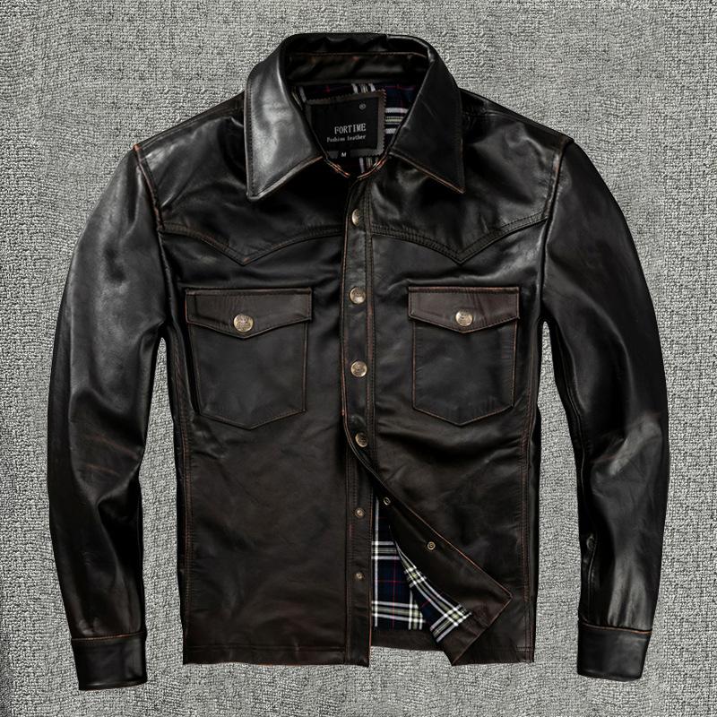 Retro Tea Core Top Layer Horse Leather Hand-painted Genuine Leather Leather Jacket Men's Lapel Leather Jacket Autumn Lapel Short Jacket