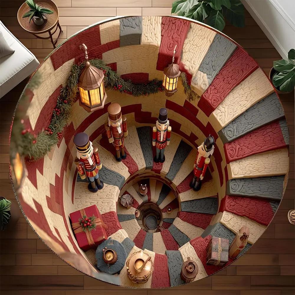 Christmas Themed Circular Carpet Mat Set with Christmas Dwarf Pattern Home Decoration Carpet Christmas Themed Holiday Floor Mat