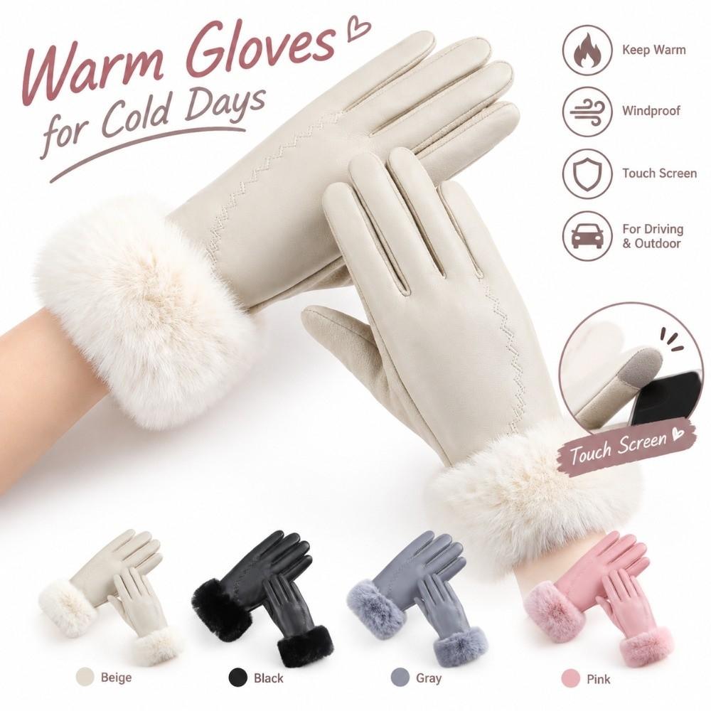 Faux Fur Trim Touchscreen Plush Gloves Fluffy Cycling Windproof Gloves Women