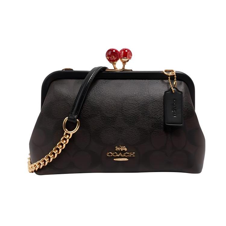 New COACH Kisslock Coated Canvas With Leather Locking Kiss Bag Portable Crossbody Bag Shoulder Bag Women s Brown Black C1452-IMAA8 21676140CM 21569₽