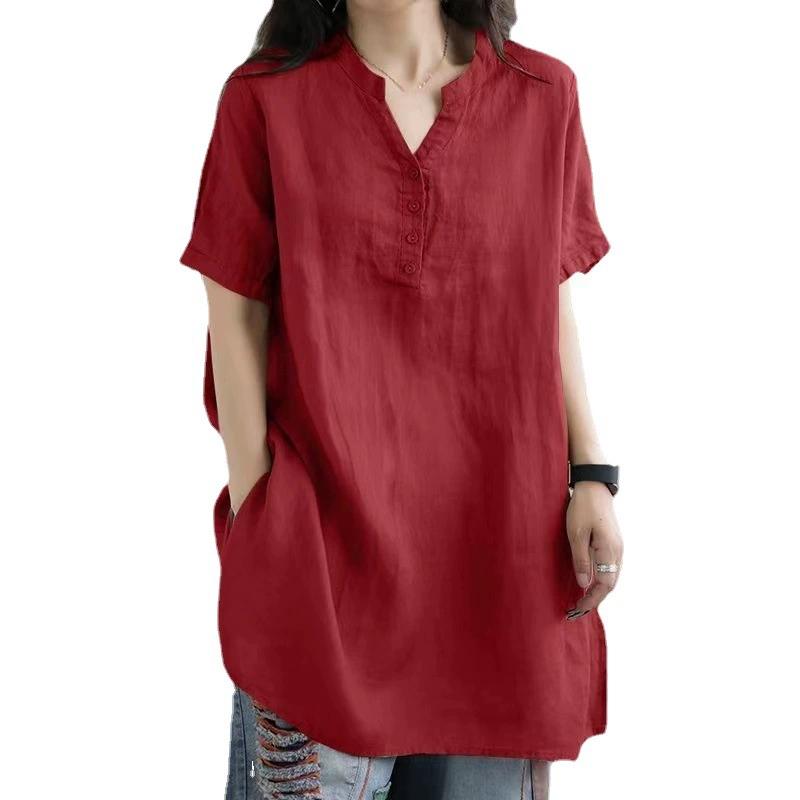 Frühling und Sommer Übergröße Locker Mollig MM Drehknopf Mode V-Ausschnitt Kurzarm Einfarbiges T-Shirt für Damen