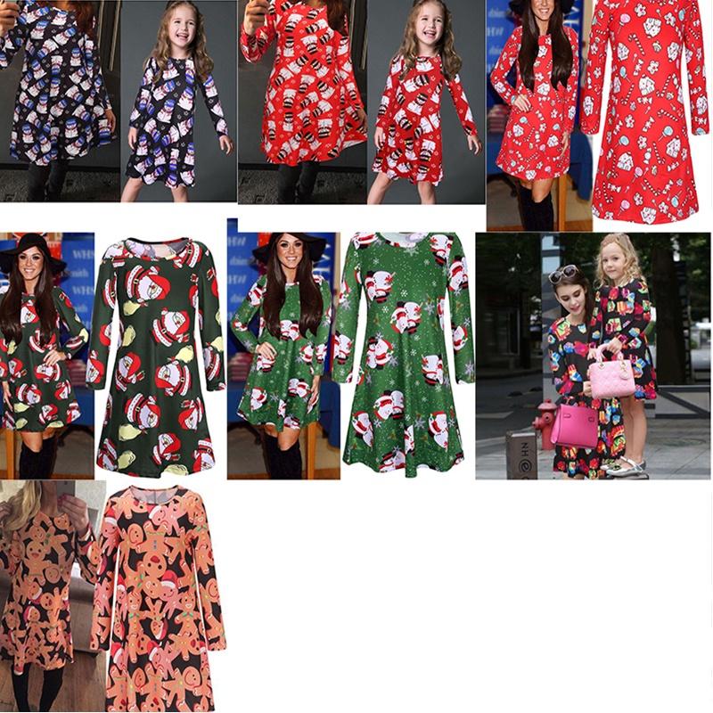 Charming Girls Children Christmas Dress Featuring Elegant Santa Bow Print For Mothers And Daughters