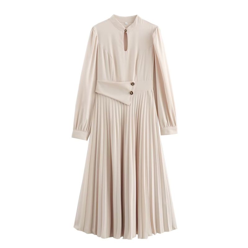 Kaslead New Arrival Women's Clothing Fashion Style Cut Out Collar Tight Waist Lantern Sleeve Long Sleeve Pleated Dress