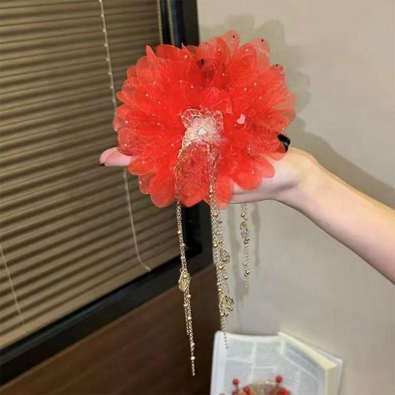 

Винтажная сетчатая заколка для волос с кисточкой в виде цветка, большие клипсы-акулы, женский французский темперамент, цветочный головной убор, аксессуары для волос красный