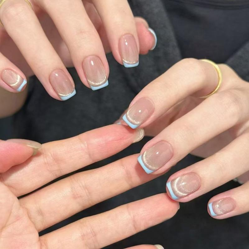 Square Press On Nail Cats Eye Fake Nail with Smile Designs Full Cover Glues On Nail Glossy Acrylic Nail Artificial Nail