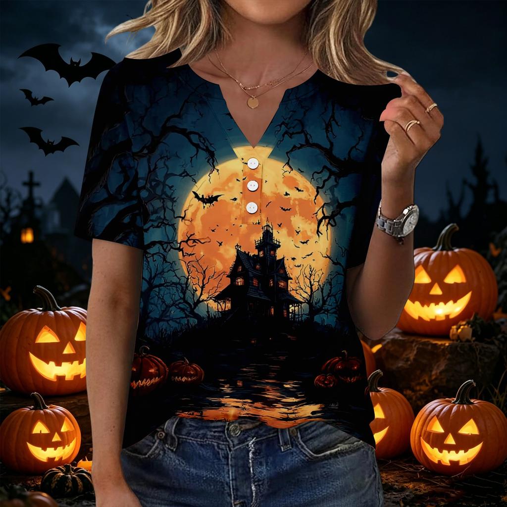 Women's Casual Halloween Print V Neck Button Front Three Quarter Sleeve T Shirt Top for Everyday Wear and Seasonal Occasions