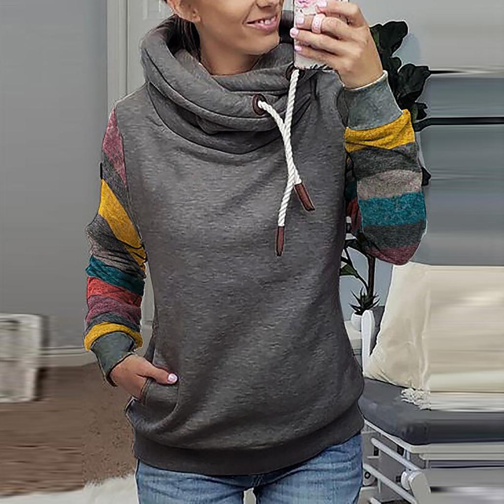 Women's Pullover High-neck Casual Long-sleeved Retro Color-blocking Hooded Top
