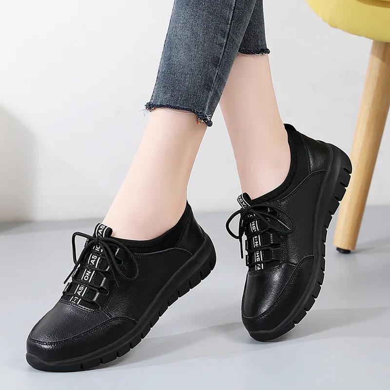 2025Women Shoes Platform Loafers Lace Up Leather Flats Trend Spring Casual Mom Shoe Mujer Zapatos Chaussure Femme