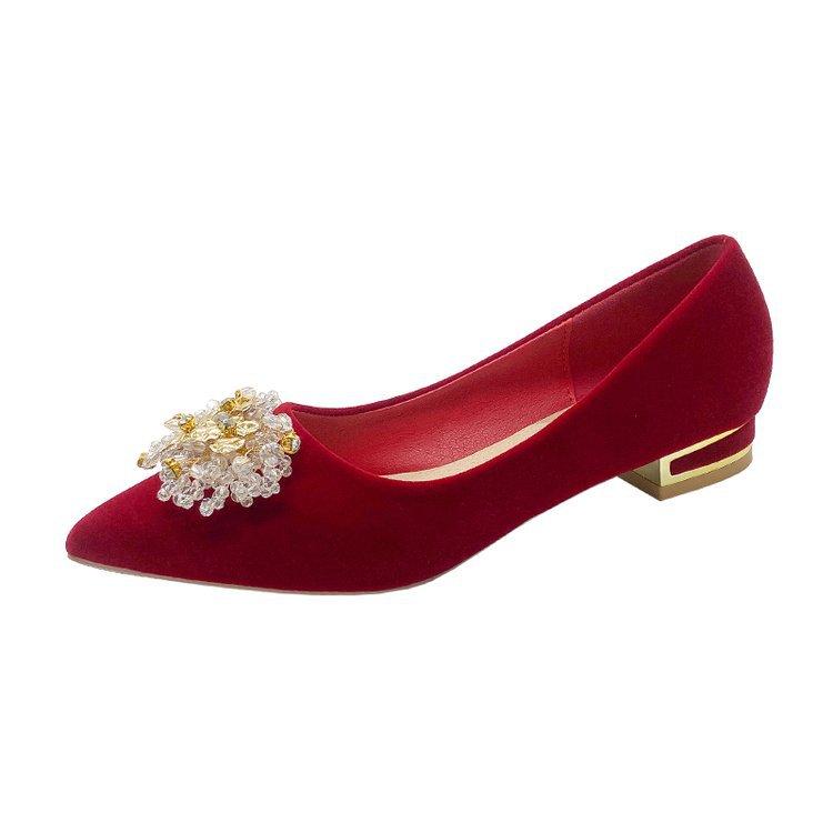 Wedding shoes women's pointed wedding bride shoes 2024 new Chinese thick heel single shoes Xiuhe rhinestone red high heels