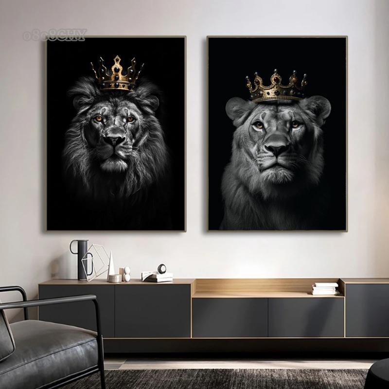 Black White Animal Kingdom Posters Canvas Print Wall Art Painting Wild Lion Tiger Eagle Bear with Gold Crown Mural Home Decor
