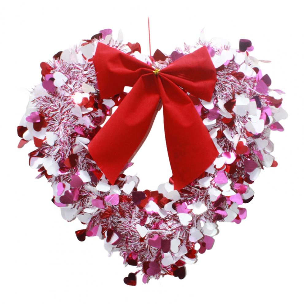 Tinsel Heart Shaped Wreath with Bow for Front Door Valentine's Day Red Pink Heart Wreath for Wedding Party Wall Decor